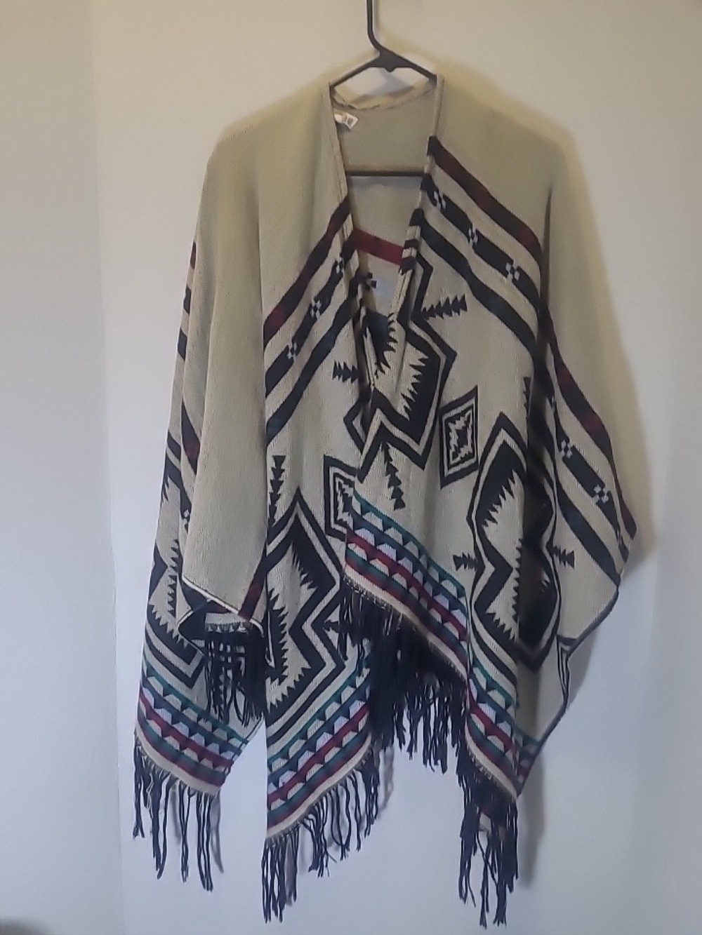 Woven Heart Cream Aztec Fringe Open Cardigan with Black & Burgundy Accents